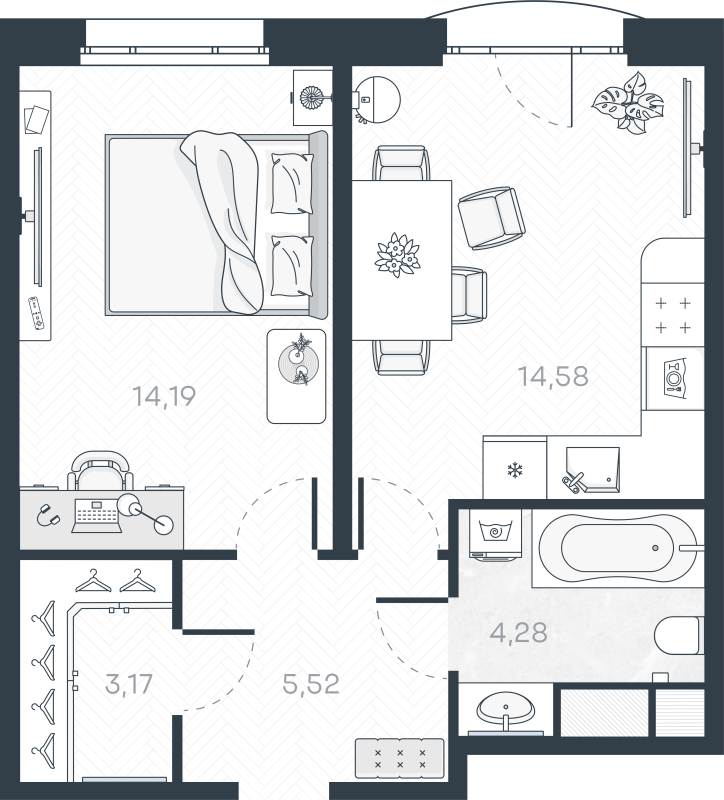 1-комнатная квартира, 42.44 м² в ЖК "MONODOM-ART" - планировка, фото №1