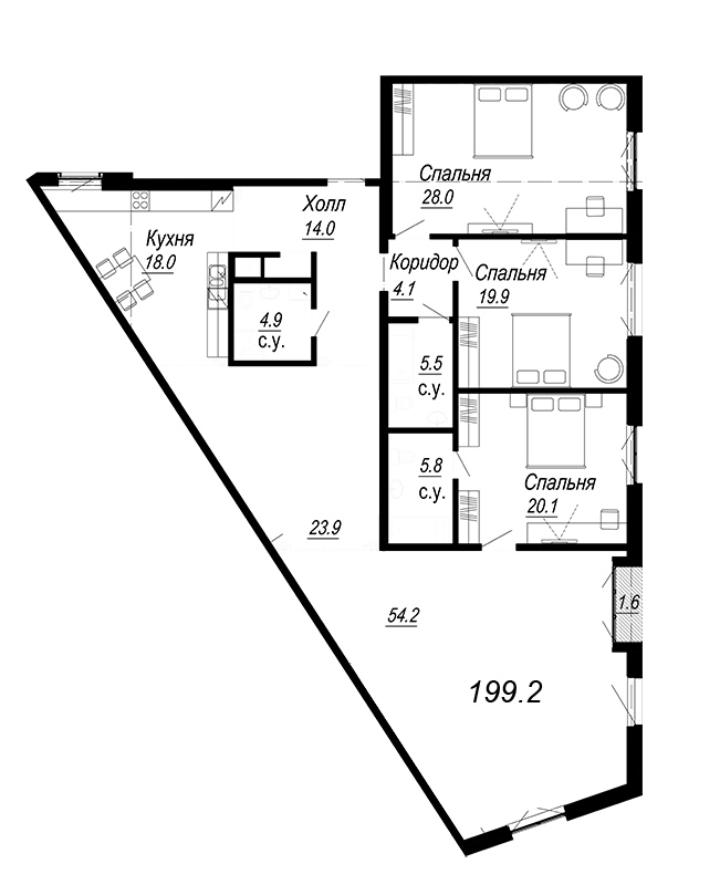 4-комнатная квартира, 204.36 м² в ЖК "Meltzer Hall" - планировка, фото №1