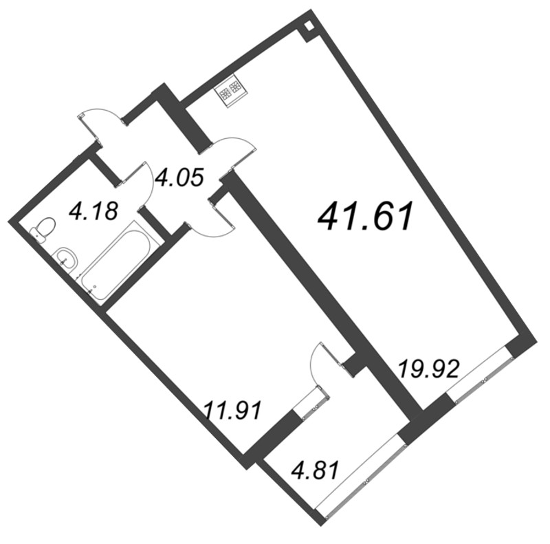 1-комнатная квартира, 41.61 м² - планировка, фото №1