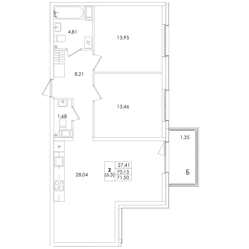 3-комнатная (Евро) квартира, 71.5 м² в ЖК "Лисино" - планировка, фото №1
