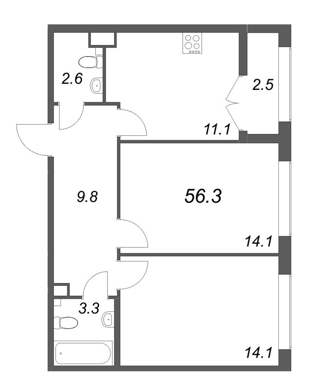 2-комнатная квартира, 56.3 м² в ЖК "Кронунг ЮГ" - планировка, фото №1
