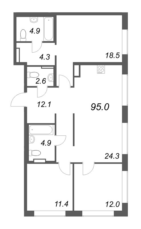 4-комнатная (Евро) квартира, 95 м² в ЖК "Визионер" - планировка, фото №1