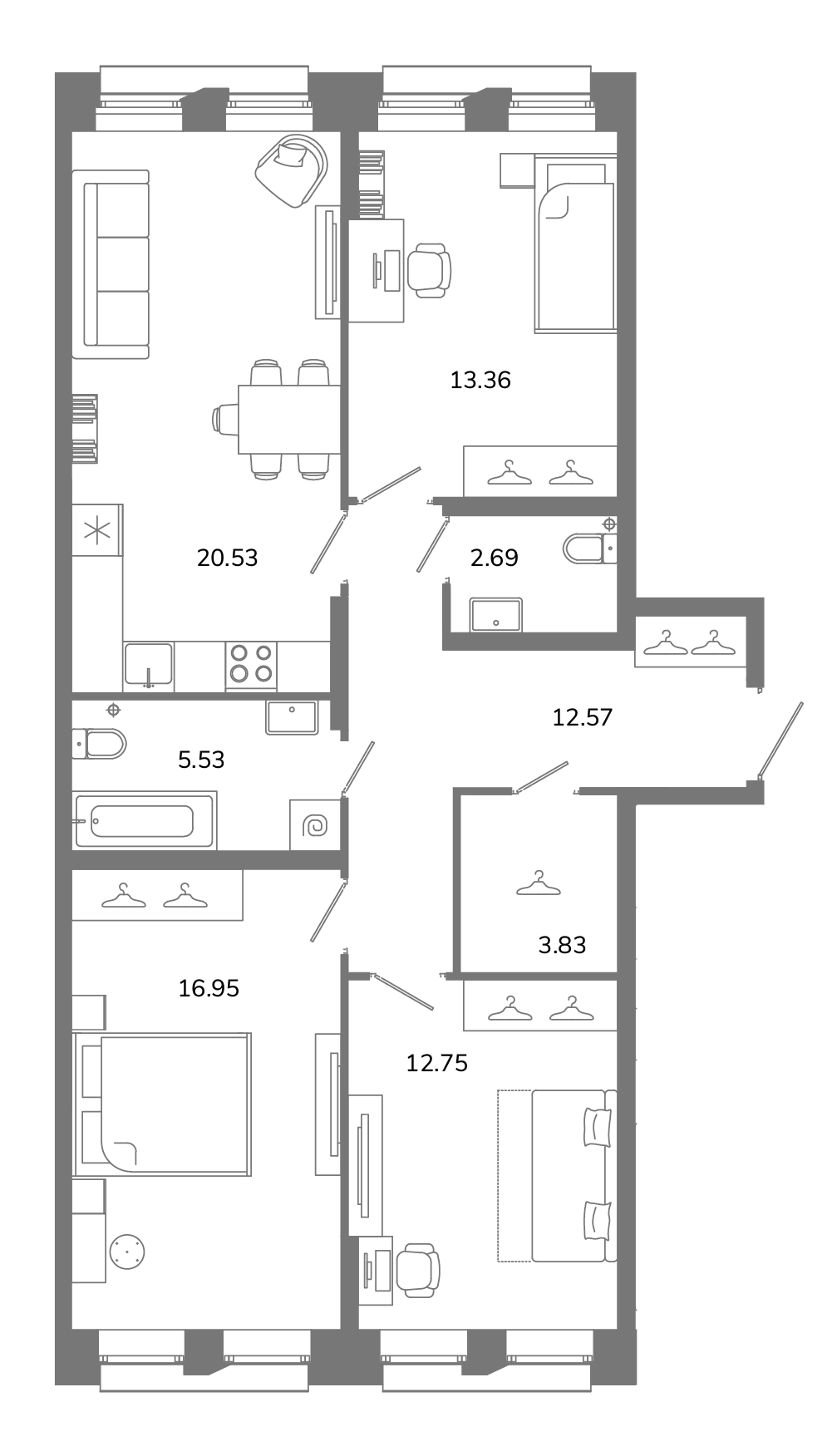 4-комнатная (Евро) квартира, 88.21 м² в ЖК "Твой космос" - планировка, фото №1