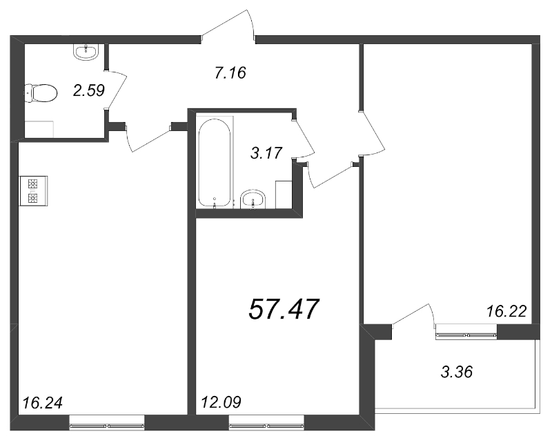 3-комнатная (Евро) квартира, 57.47 м² - планировка, фото №1