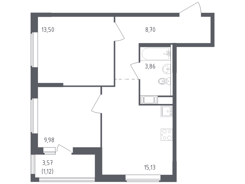 3-комнатная (Евро) квартира, 52.29 м² - планировка, фото №1