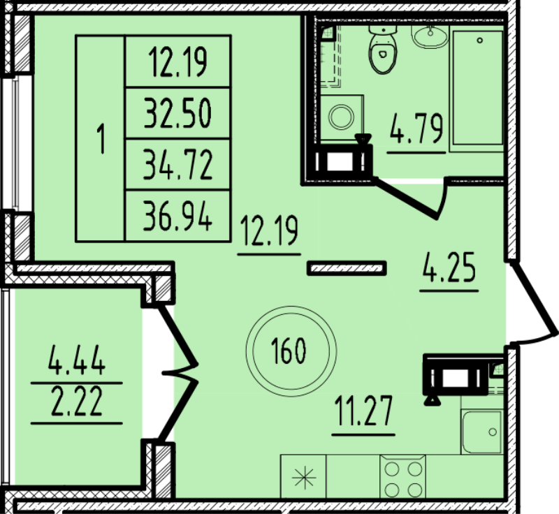 1-комнатная квартира, 32.5 м² в ЖК "Образцовый квартал 14" - планировка, фото №1