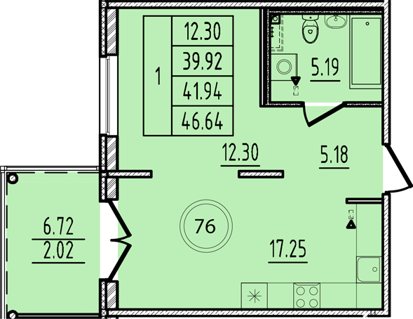 2-комнатная (Евро) квартира, 39.92 м² в ЖК "Образцовый квартал 14" - планировка, фото №1