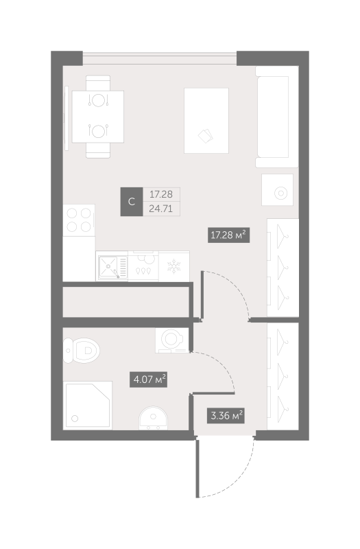 Квартира-студия, 24.71 м² - планировка, фото №1