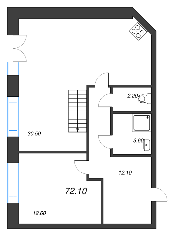 2-комнатная (Евро) квартира, 72.5 м² - планировка, фото №1
