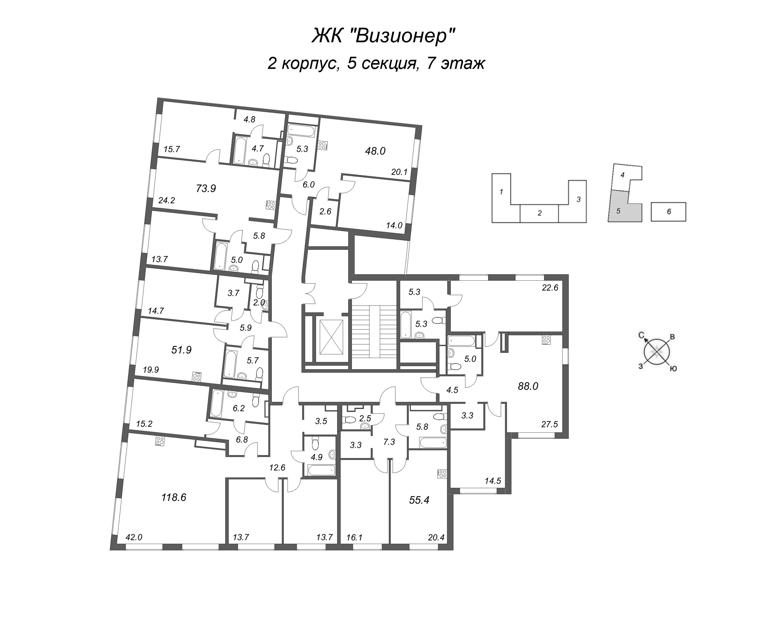 2-комнатная (Евро) квартира, 48 м² в ЖК "Визионер" - планировка этажа
