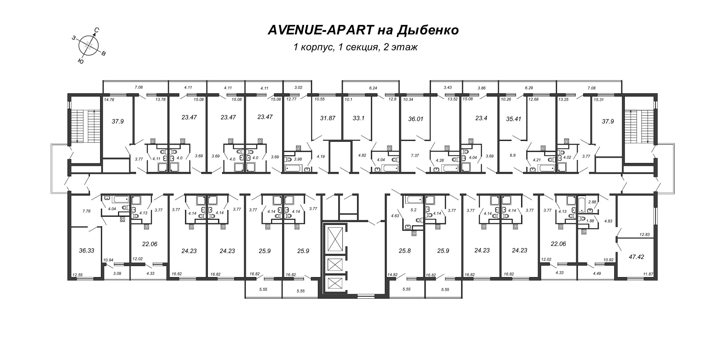 1-комнатная квартира, 36.84 м² - планировка этажа