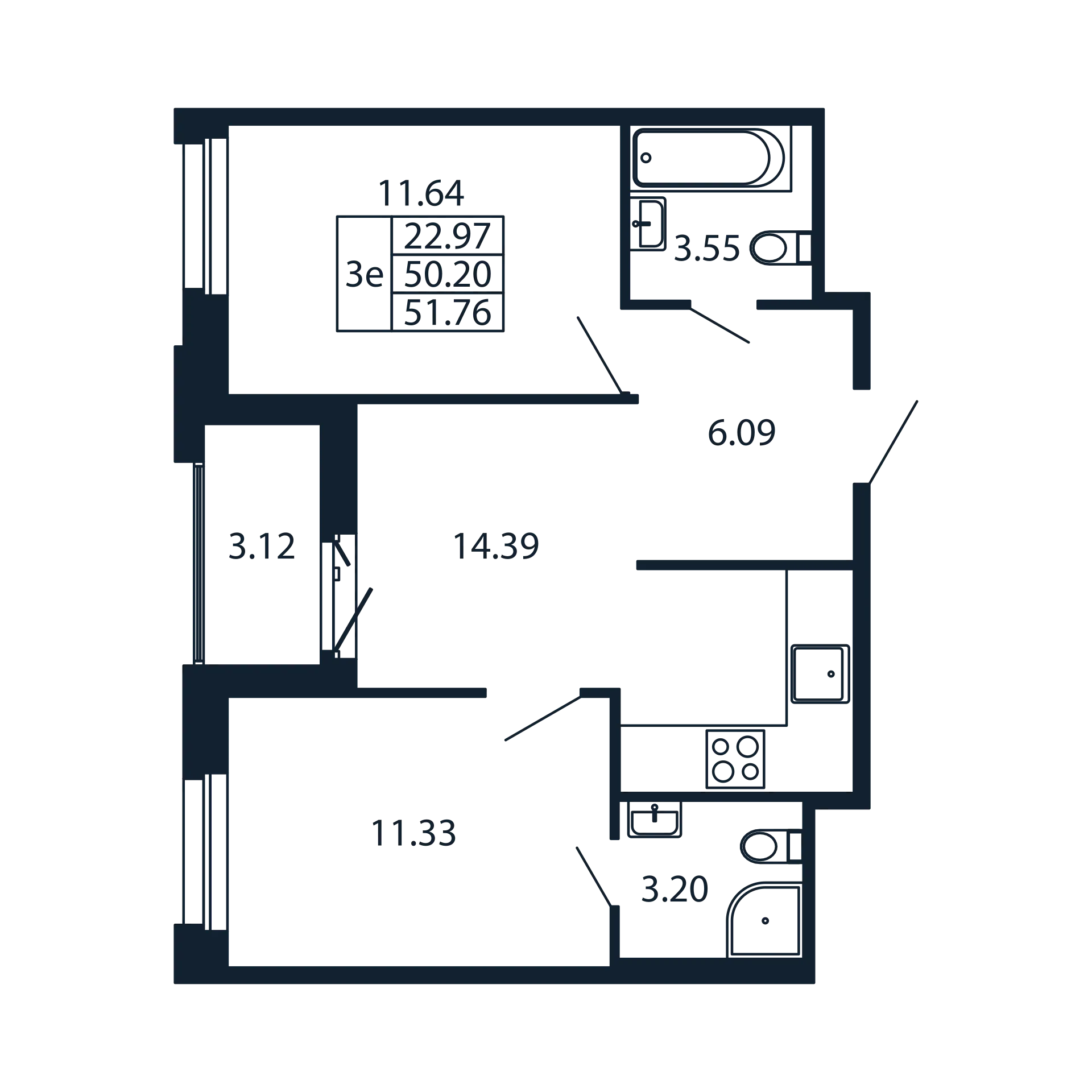 2-комнатная квартира, 50.2 м² - планировка, фото №1