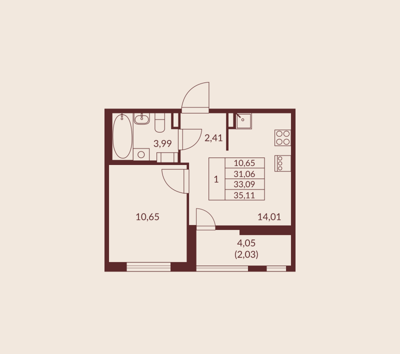 1-комнатная квартира, 33.09 м² в ЖК "Амурино" - планировка, фото №1