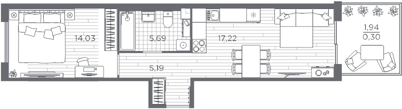 2-комнатная (Евро) квартира, 44.07 м² в ЖК "PLUS Пулковский" - планировка, фото №1
