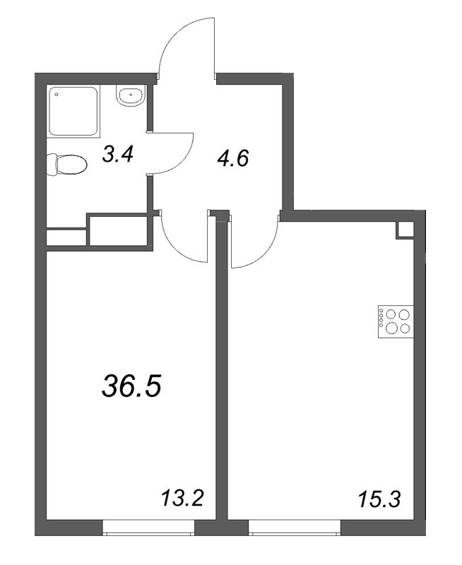 2-комнатная (Евро) квартира, 36.5 м² в ЖК "Октябрьская набережная" - планировка, фото №1