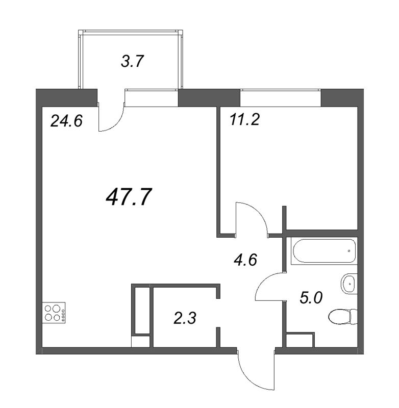 2-комнатная (Евро) квартира, 47.7 м² - планировка, фото №1