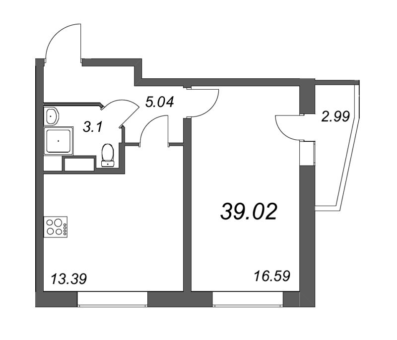 1-комнатная квартира, 39.02 м² - планировка, фото №1