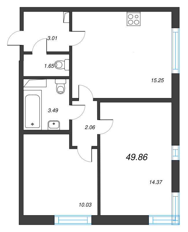 3-комнатная (Евро) квартира, 49.86 м² - планировка, фото №1