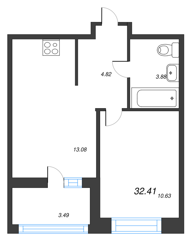 1-комнатная квартира, 32.41 м² - планировка, фото №1