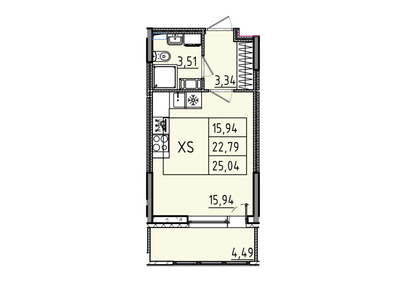 1-комнатная квартира, 25.04 м² - планировка, фото №1