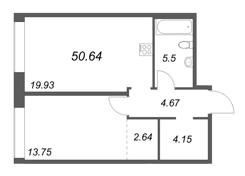 2-комнатная (Евро) квартира, 50.64 м² в ЖК "Avant" - планировка, фото №1
