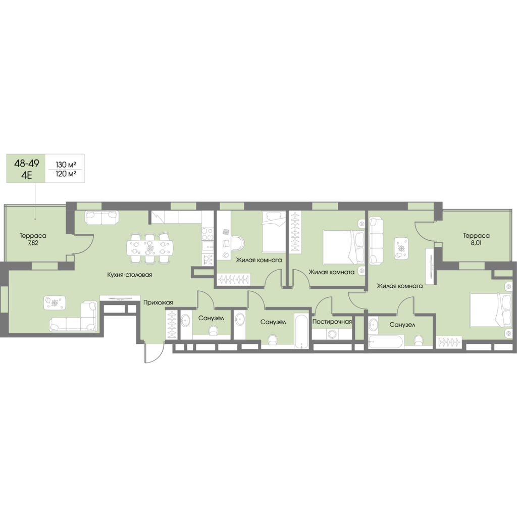 4-комнатная (Евро) квартира, 120 м² в ЖК "Рощино Residence" - планировка, фото №1