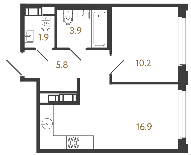2-комнатная (Евро) квартира, 38.7 м² в ЖК "Гений" - планировка, фото №1