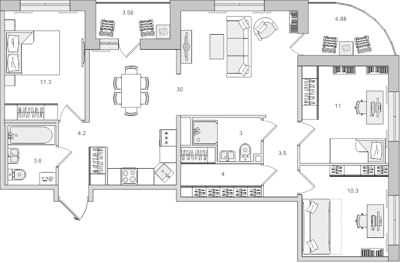 4-комнатная (Евро) квартира, 80.9 м² в ЖК "Dreamline" - планировка, фото №1