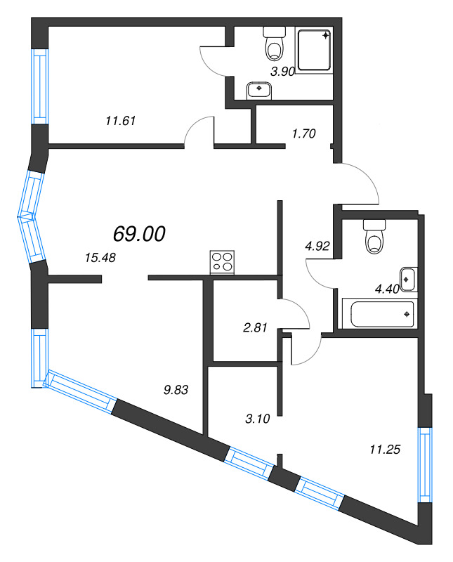 4-комнатная (Евро) квартира, 69 м² - планировка, фото №1