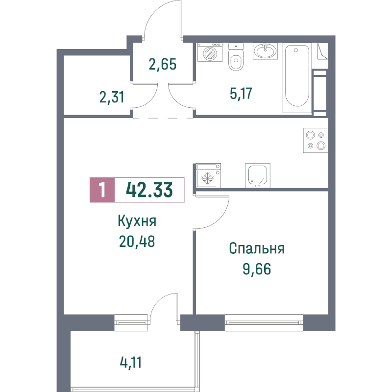 2-комнатная (Евро) квартира, 42.33 м² в ЖК "Фотограф" - планировка, фото №1