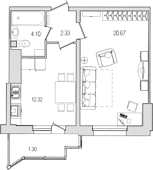 1-комнатная квартира, 43.5 м² - планировка, фото №1