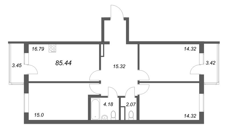 4-комнатная (Евро) квартира, 85.44 м² в ЖК "Новая история" - планировка, фото №1
