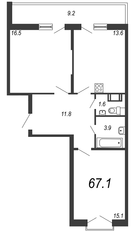 2-комнатная квартира, 68 м² - планировка, фото №1