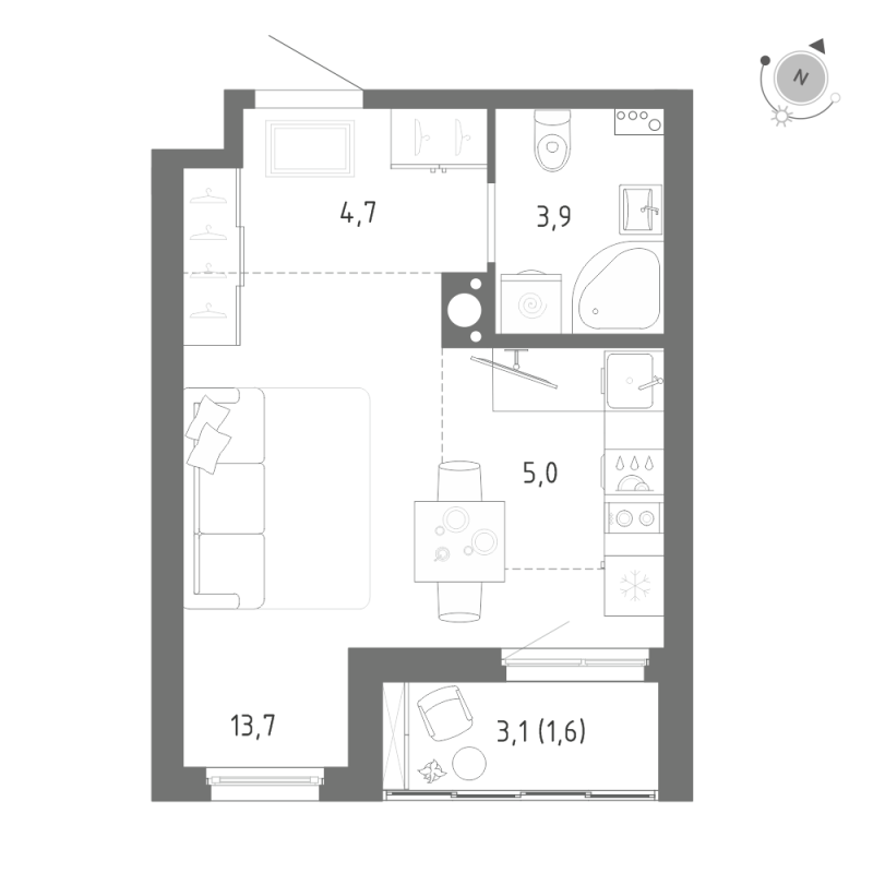 Квартира-студия, 28.9 м² - планировка, фото №1