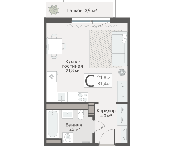 Квартира-студия, 31.4 м² в ЖК "Руднева 15" - планировка, фото №1