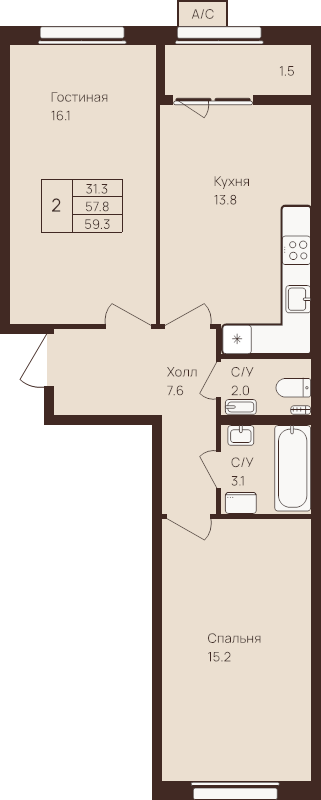 2-комнатная квартира, 59.3 м² - планировка, фото №1