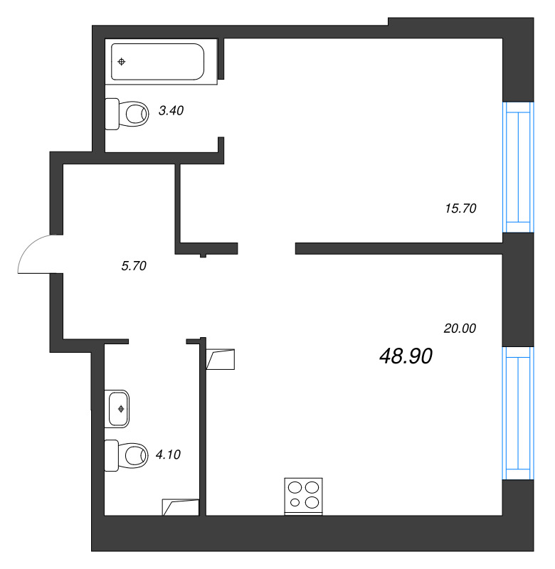 2-комнатная (Евро) квартира, 48.9 м² в ЖК "ЛДМ" - планировка, фото №1