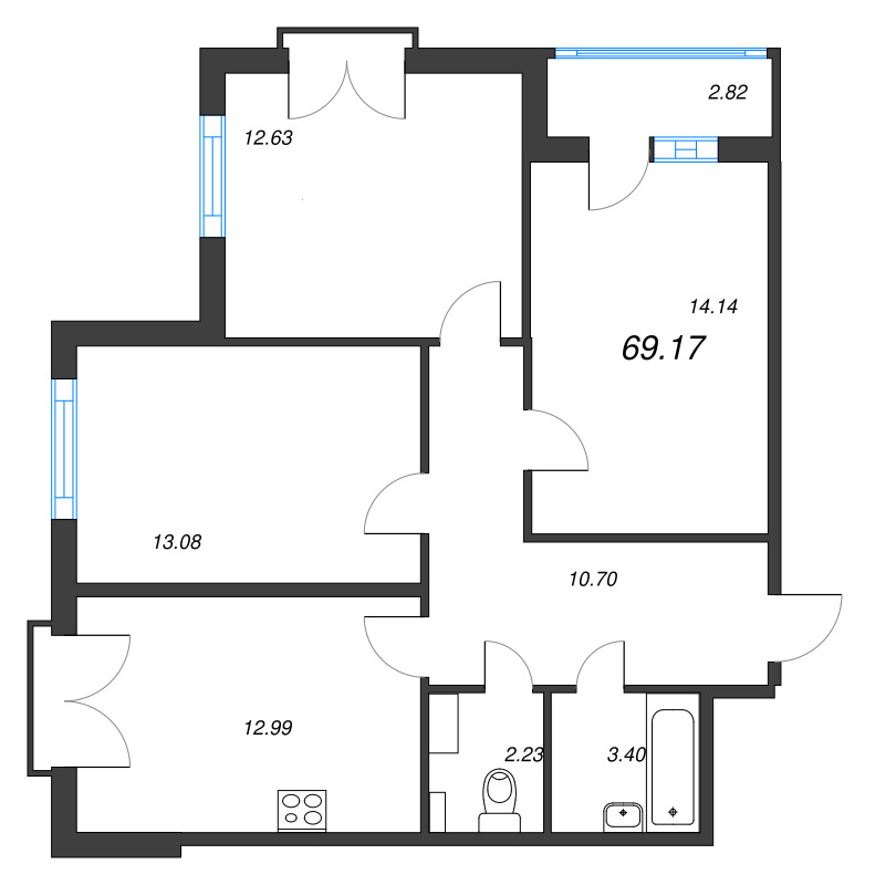 3-комнатная квартира, 69.17 м² - планировка, фото №1