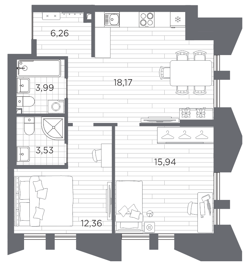 3-комнатная (Евро) квартира, 60.25 м² в ЖК "Галерная гавань" - планировка, фото №1