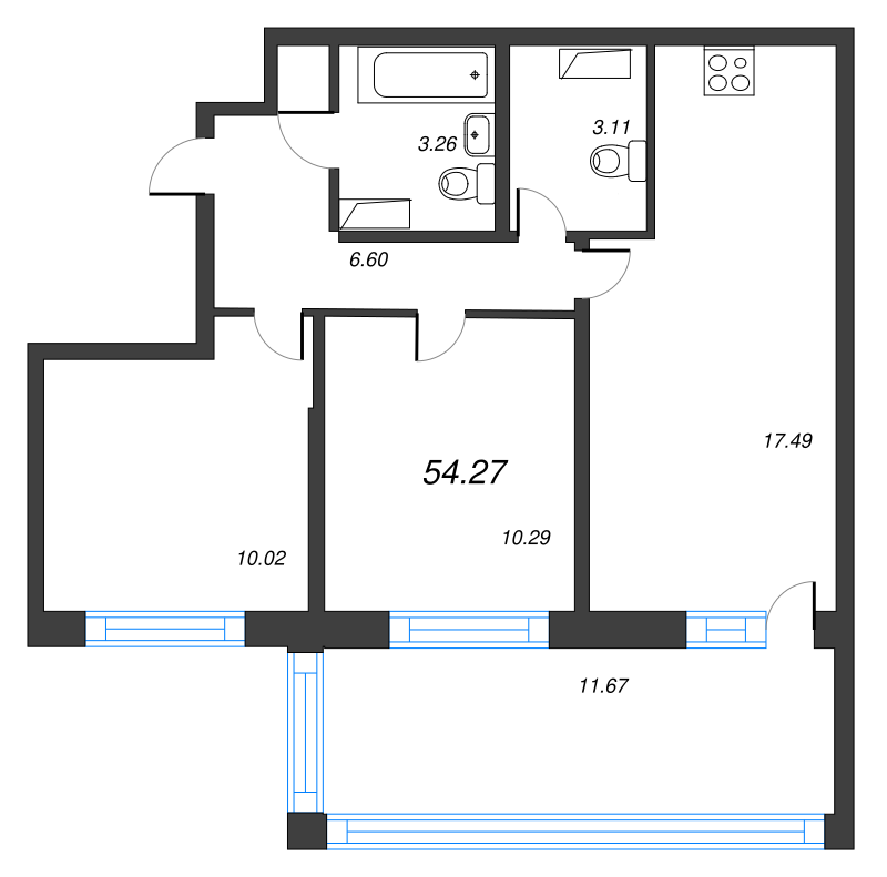 3-комнатная (Евро) квартира, 54.27 м² - планировка, фото №1