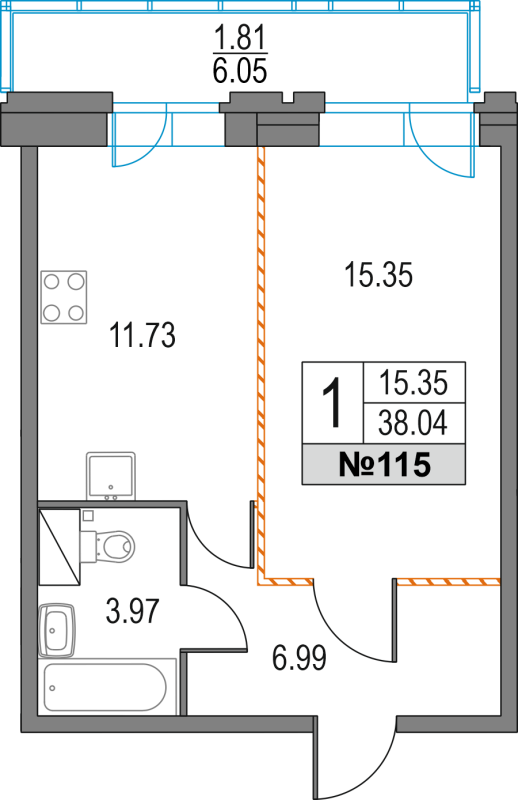 1-комнатная квартира, 38.04 м² - планировка, фото №1