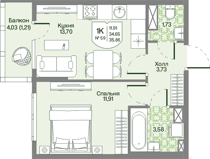 1-комнатная квартира, 35.86 м² в ЖК "Охтинские высоты" - планировка, фото №1