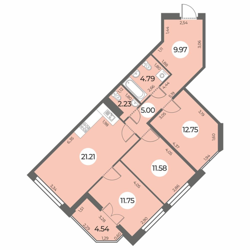 4-комнатная (Евро) квартира, 81.55 м² в ЖК "Огни Залива" - планировка, фото №1