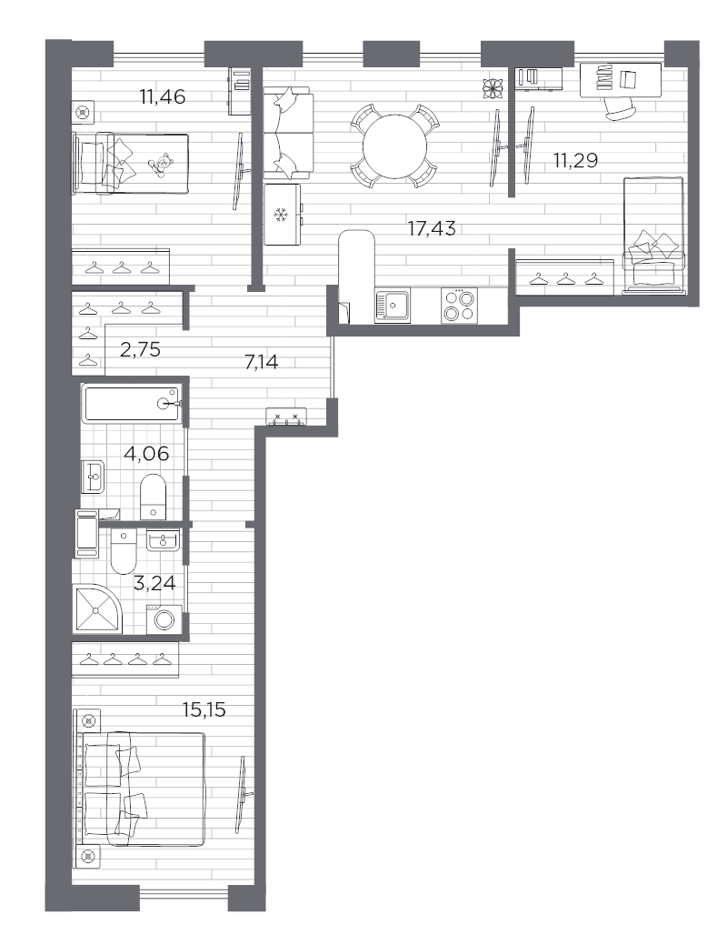 4-комнатная (Евро) квартира, 72.52 м² в ЖК "Сезоны" - планировка, фото №1
