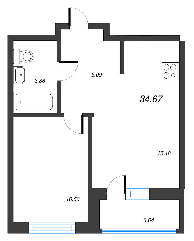 2-комнатная (Евро) квартира, 37.71 м² - планировка, фото №1