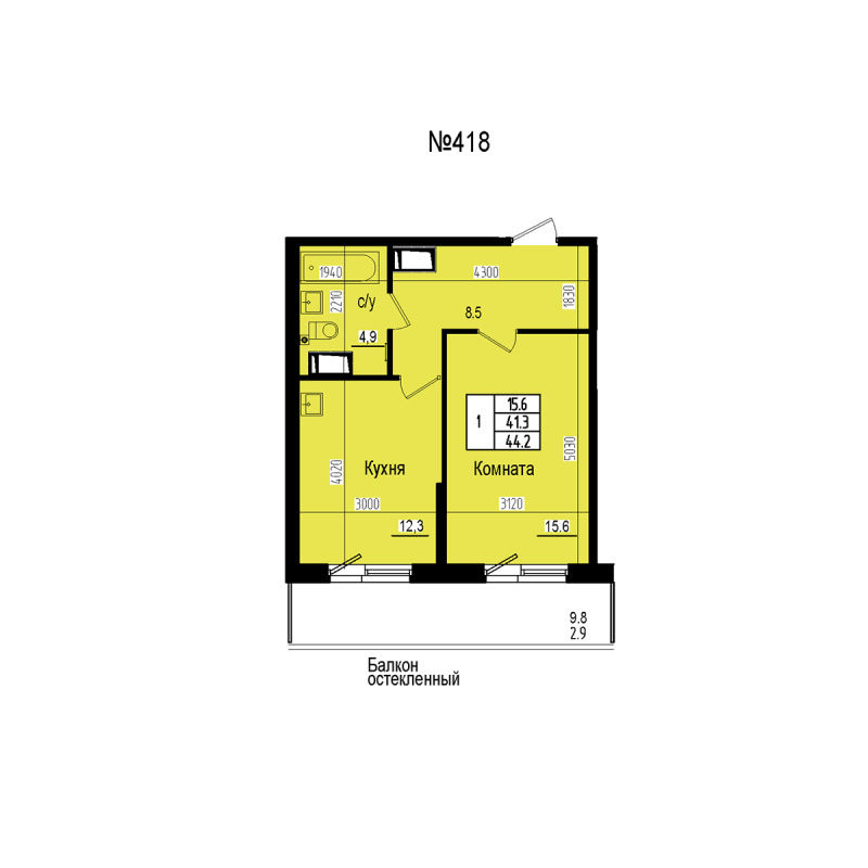 1-комнатная квартира, 44.2 м² в ЖК "ПРАГМА СИТИ" - планировка, фото №1