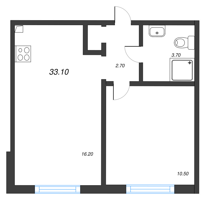 2-комнатная (Евро) квартира, 33.1 м² в ЖК "Пейзажный квартал" - планировка, фото №1