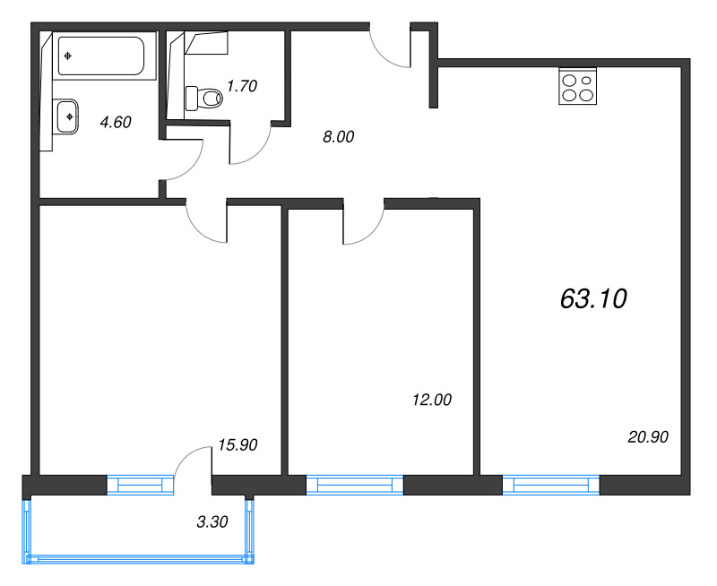 3-комнатная (Евро) квартира, 63.1 м² в ЖК "Руднева 15" - планировка, фото №1