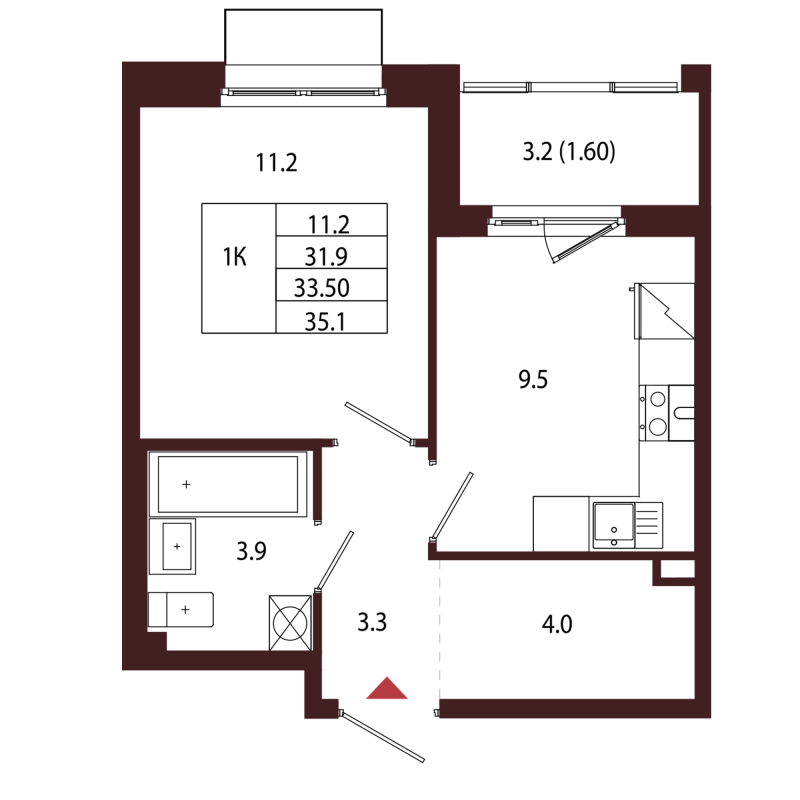 1-комнатная квартира, 33.5 м² в ЖК "Лисино" - планировка, фото №1