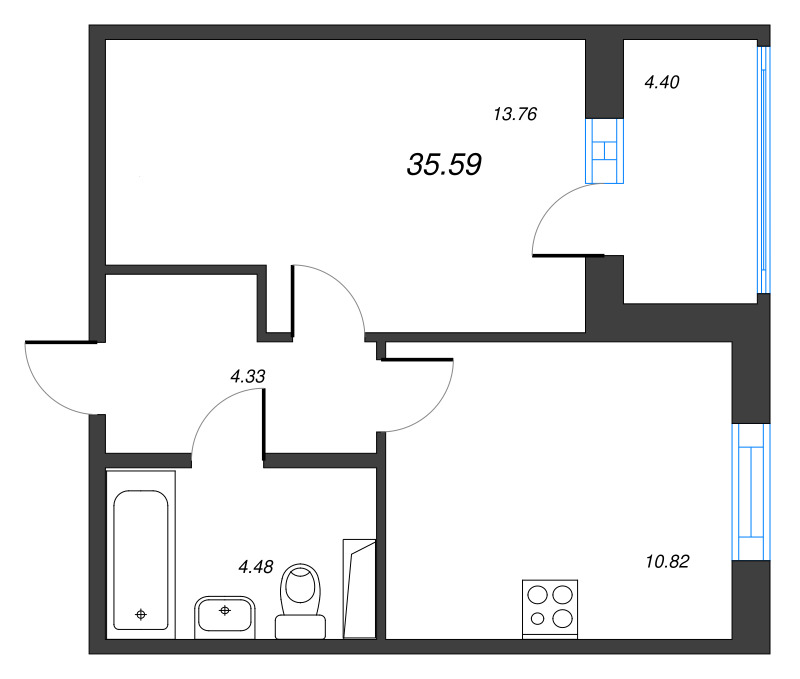 1-комнатная квартира, 35.59 м² в ЖК "IQ Гатчина" - планировка, фото №1